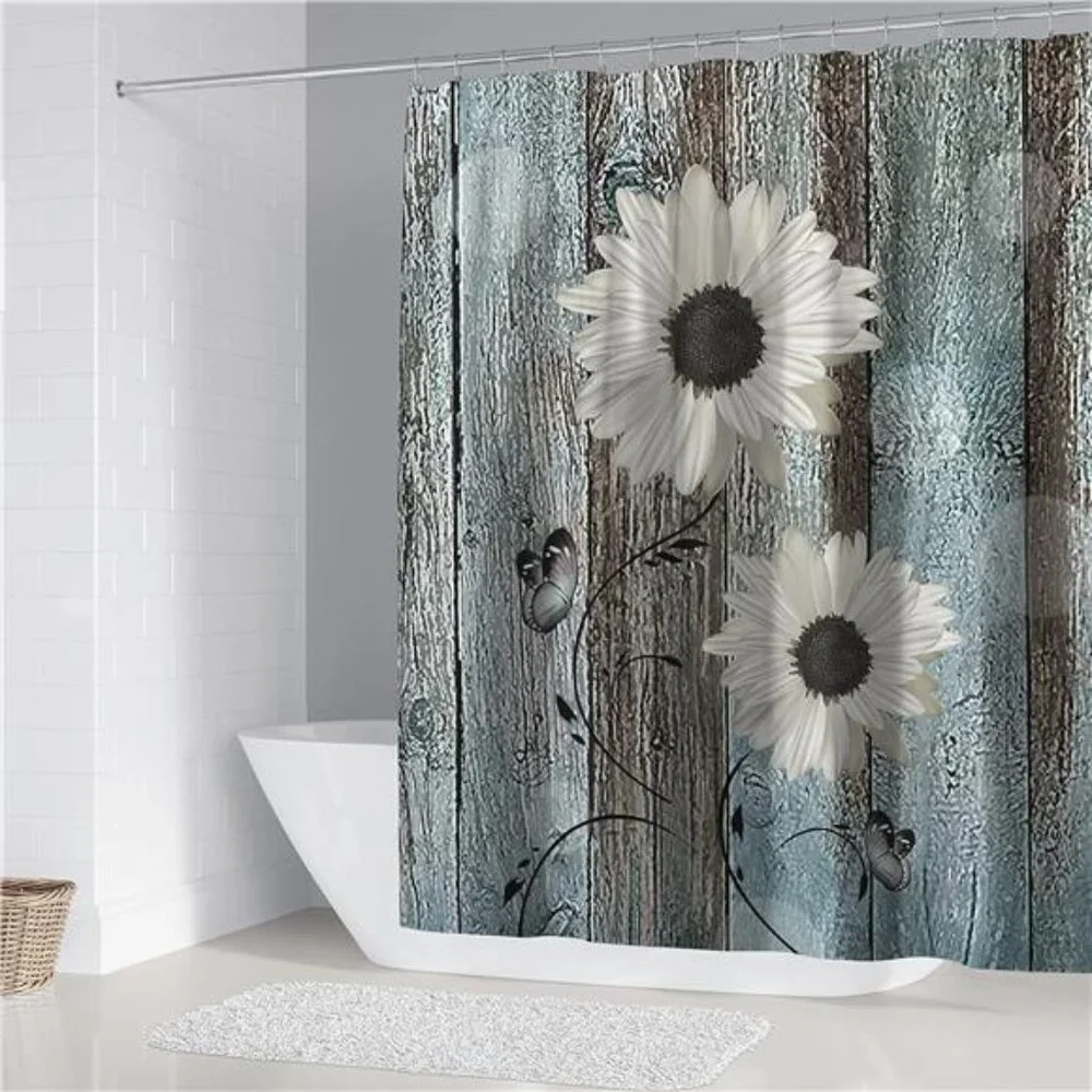 White Daisy Flower Shower CurtainSets with Rugs 4Piece Rustic Flower Floral Wood